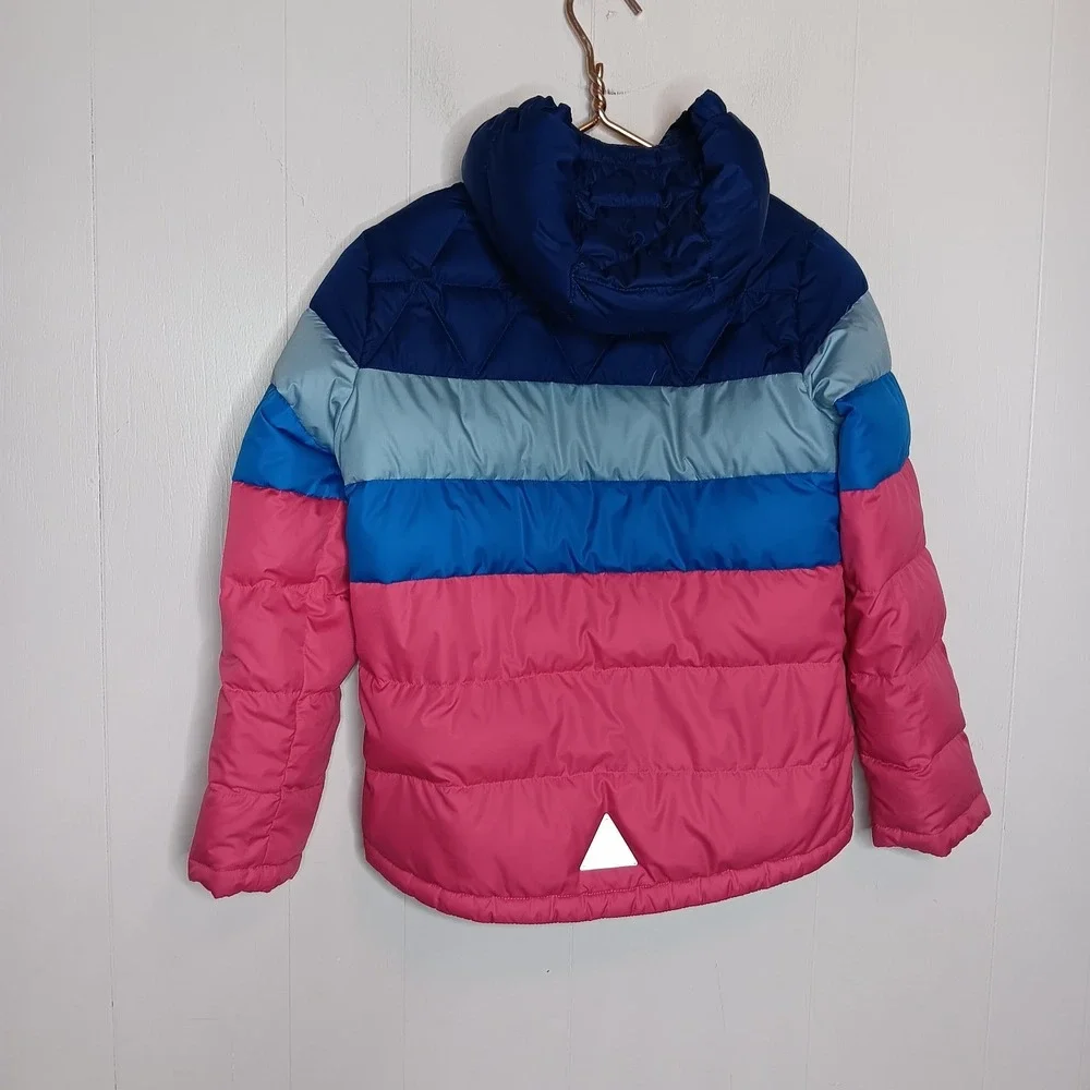 L.L. Bean Down Jacket Girls M 10-12 Pink Blue Colorblock Puffer Hooded Outdoor
